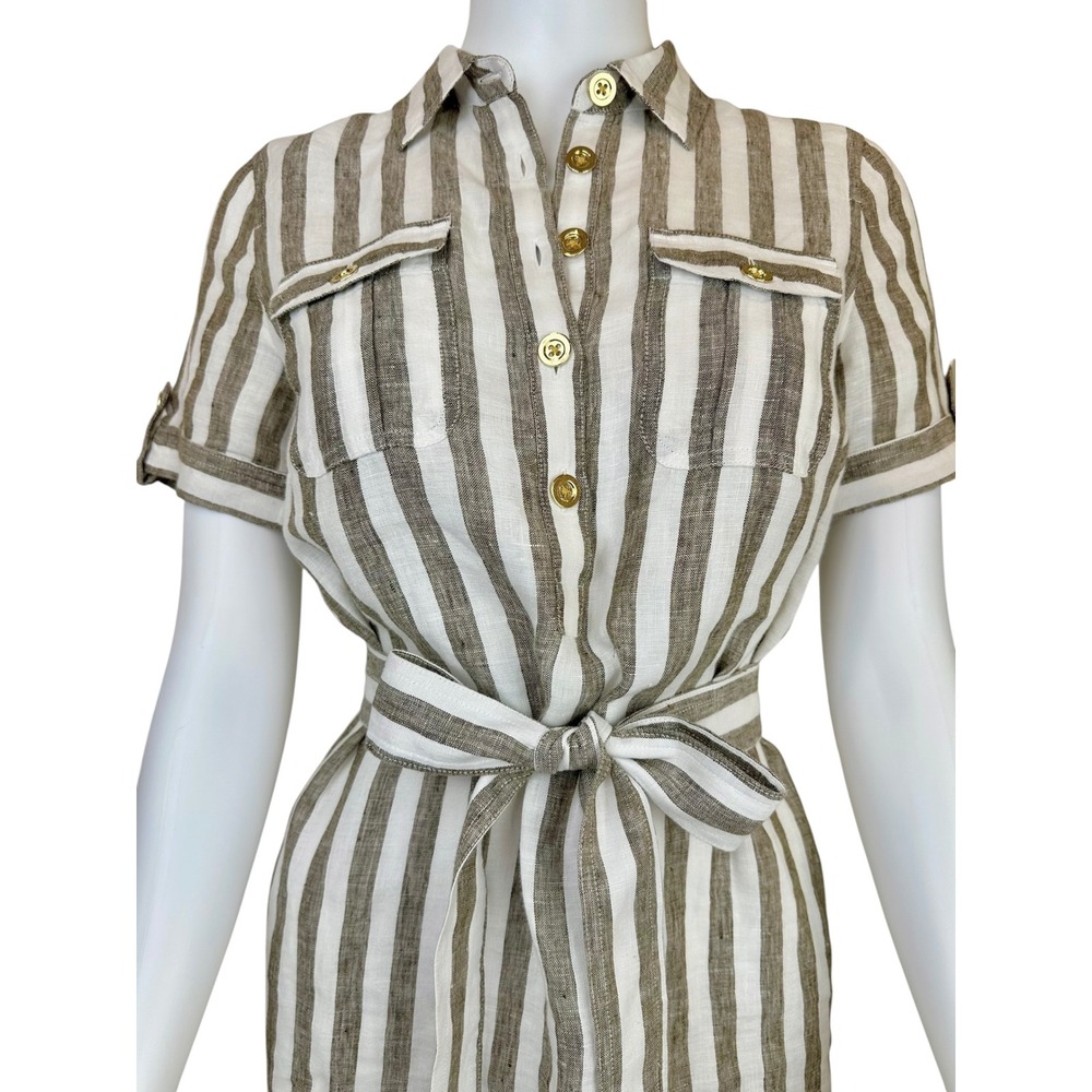 Talbots Linen Utility Shirt Dress Lawn Stripe Belted Khaki White Size 2P Petite - Picture 11 of 11